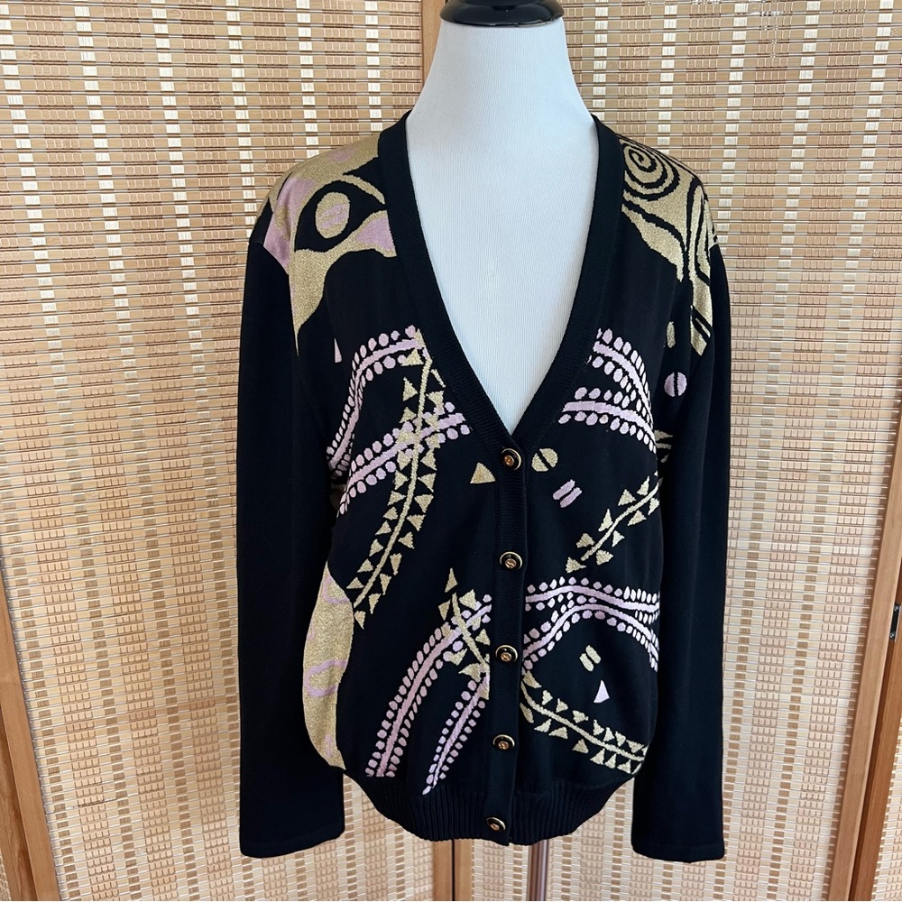 St John Collection  Santana Knit Cardigan Metallic Gold/Bubblegum Pink Swirls